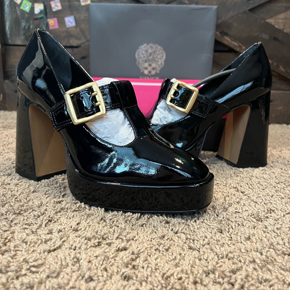 Vince Camuto Glossy Black Leather Heels with Gold Accent